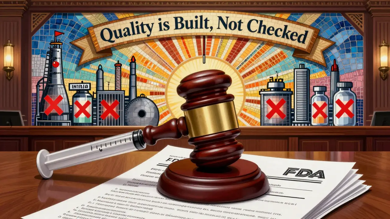 Scena Art Deco: martello a forma di siringa che colpisce lettere di avvertimento FDA, con fabbriche globali e errori critici rappresentati in mosaico.