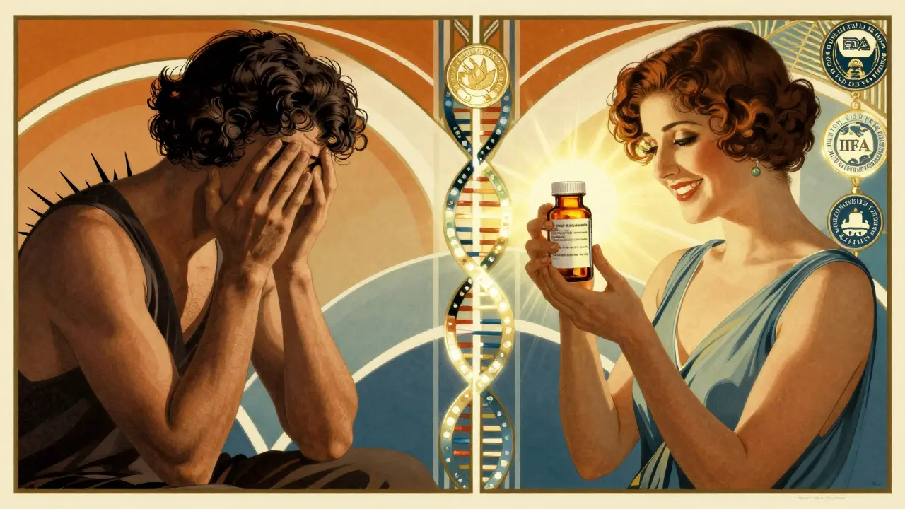 Split panel: paziente preoccupato a sinistra, sereno a destra, con sigilli scientifici luminosi e motivi geometrici.