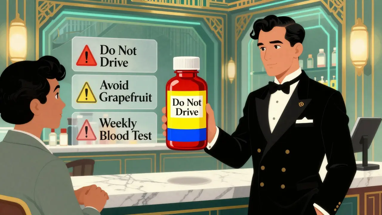 Un farmacista consegna una bottiglia con etichette colorate a un paziente, in stile pubblicità Art Deco, con avvertenze visive a nastro.