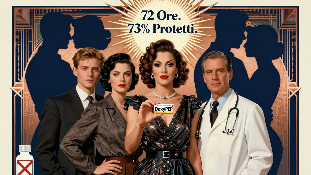 Un gruppo diversificato tiene una pillola DoxyPEP sotto un sole radiante, con un avvertimento sottile.