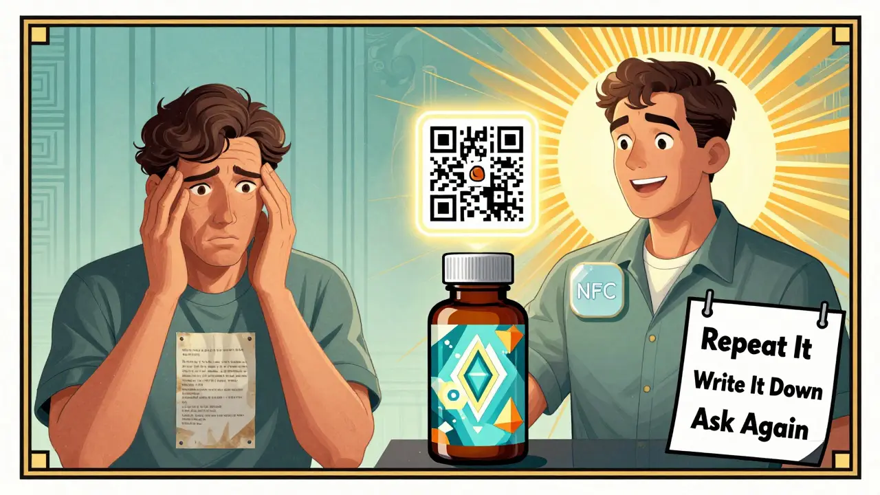 Un paziente confronta un'etichetta confusa con una versione moderna che mostra un QR code e video esplicativi, in stile Art Deco.