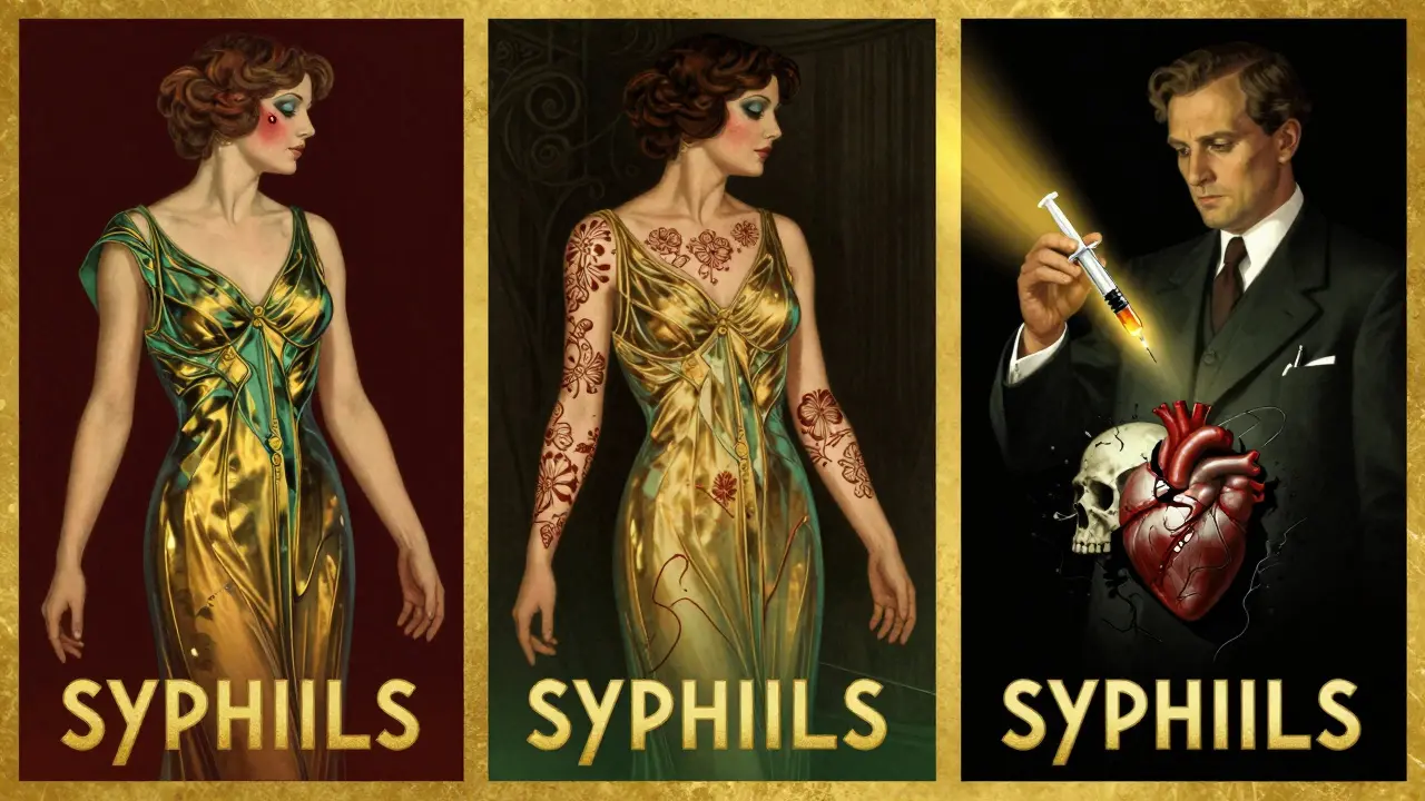 Una donna elegantemente stilizzata mostra le tre fasi della sifilide con simboli visivi di danno e cura.