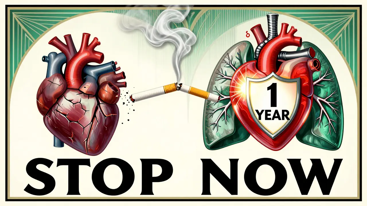 Una sigaretta che si divide in due percorsi: uno verso un cuore danneggiato, l'altro verso un cuore sano, in stile Art Deco.