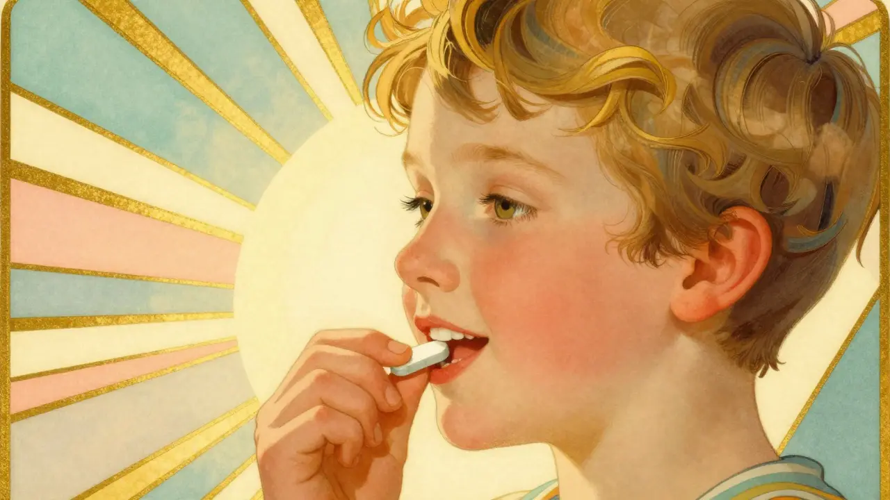 Bambino felice che mastica una compressa medicinale in stile pubblicità vintage.