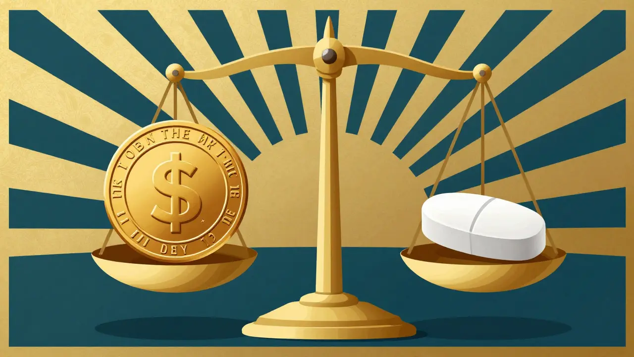 Bilancia stilizzata Art Deco che confronta il costo tra farmaco di marca e generico.