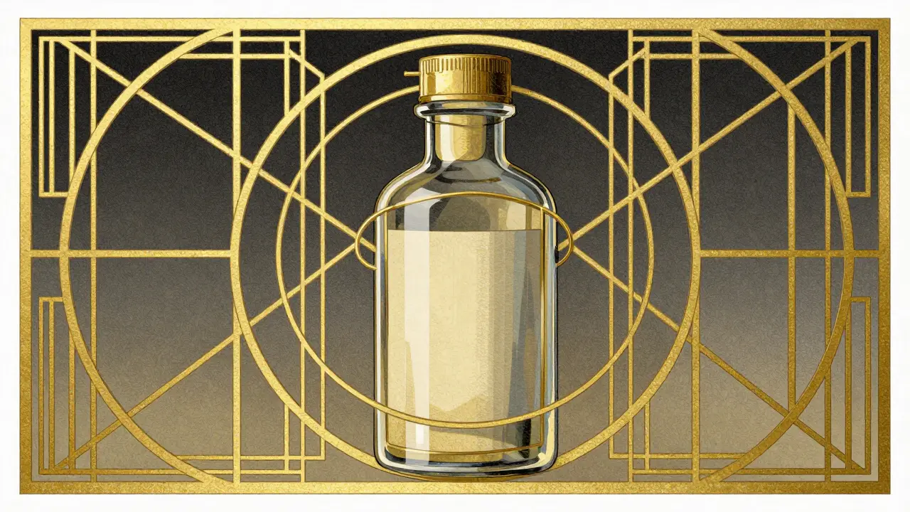 Bottiglia di medicinale intrappolata in una rete geometrica di brevetti