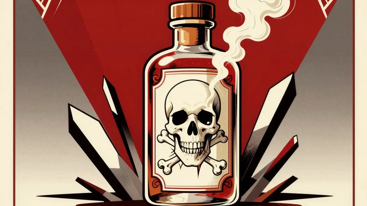 Bottiglia di medicinali di lusso con un teschio stilizzato che emerge, stile Art Deco.