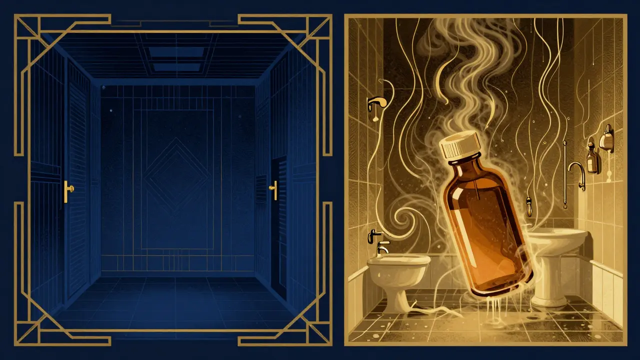 Confronto stilizzato tra la conservazione corretta e l'ambiente umido del bagno.