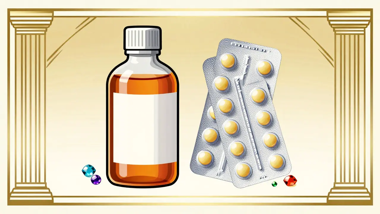 Confronto tra un flacone di sciroppo ingombrante e un blister di compresse moderno.