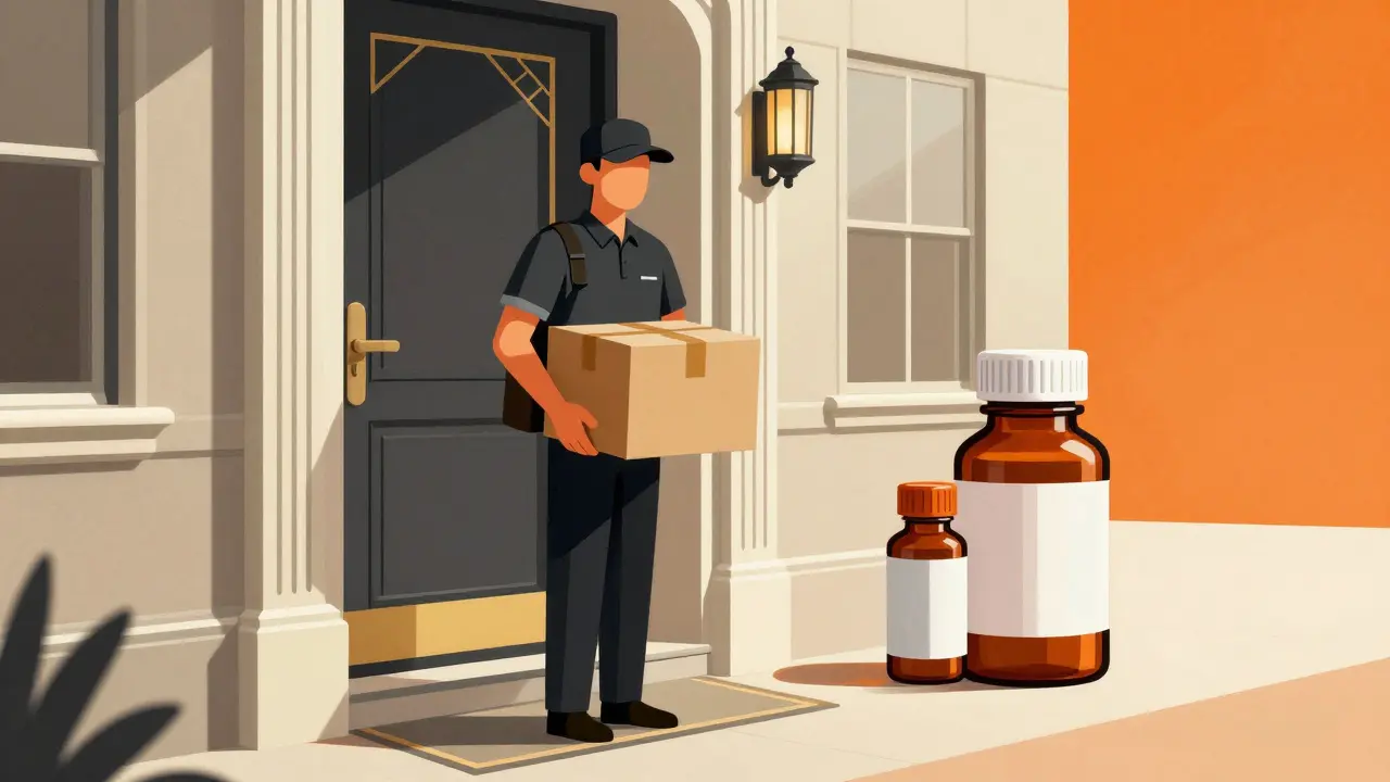 Consegna a domicilio di medicinali rappresentata in stile pubblicitario Art Deco.