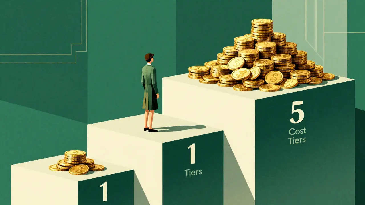 Grafica Art Deco di gradini che rappresentano i diversi livelli di costo dei farmaci.