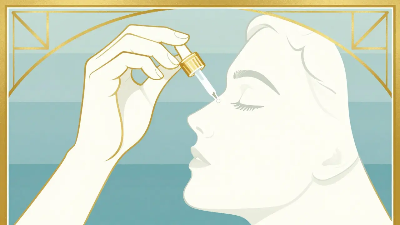Illustrazione Art Deco che mostra l'applicazione corretta di gocce oculari.