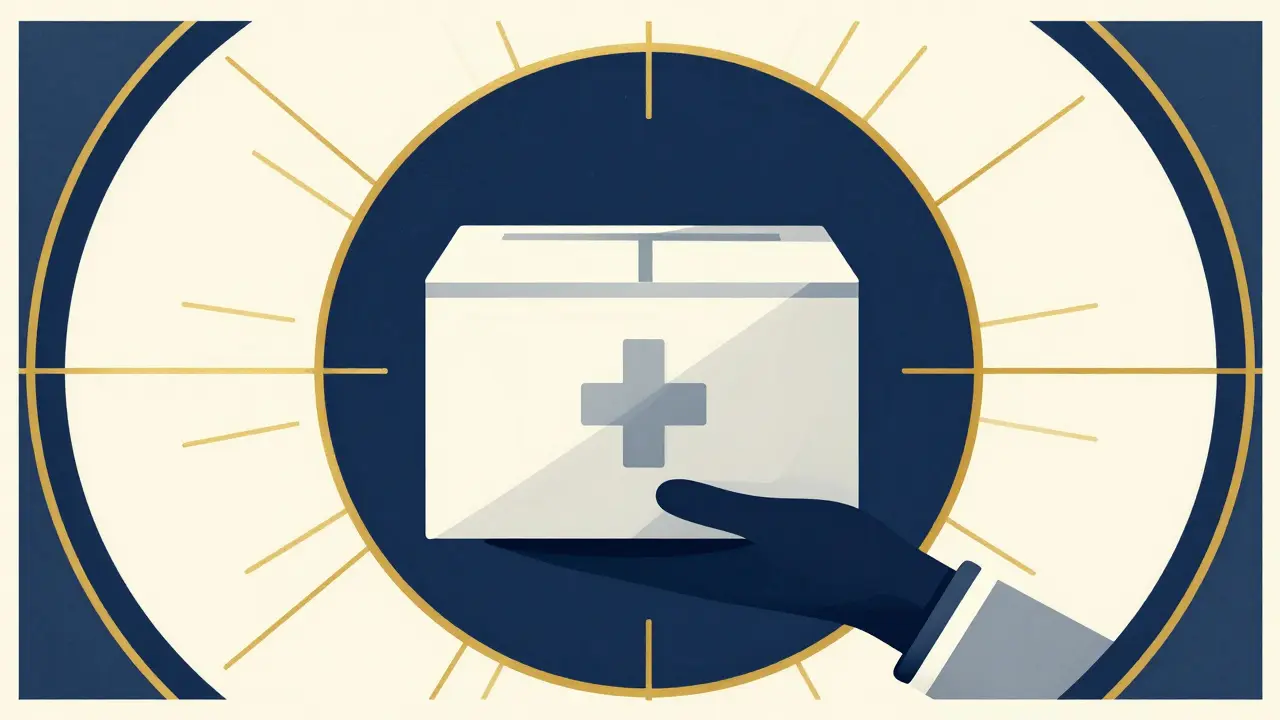 Illustrazione Art Deco di un pacco farmaceutico consegnato con precisione.