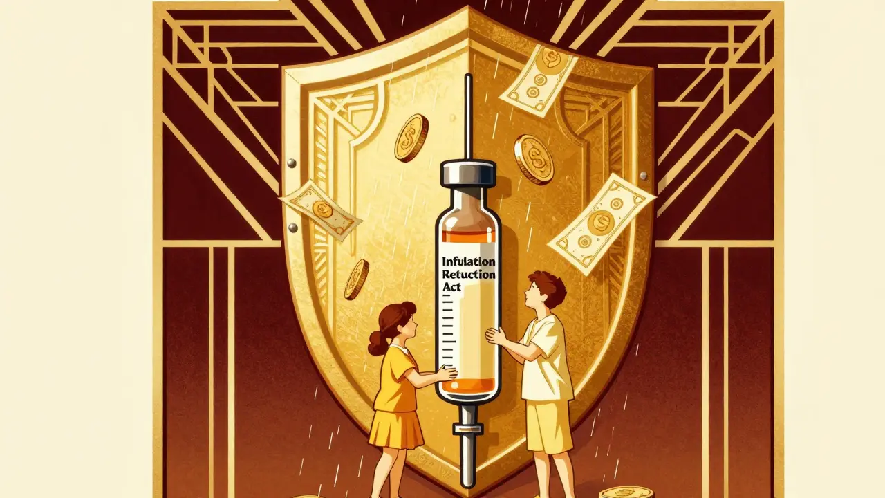 Illustrazione Art Deco di uno scudo che protegge una famiglia dai costi medici.