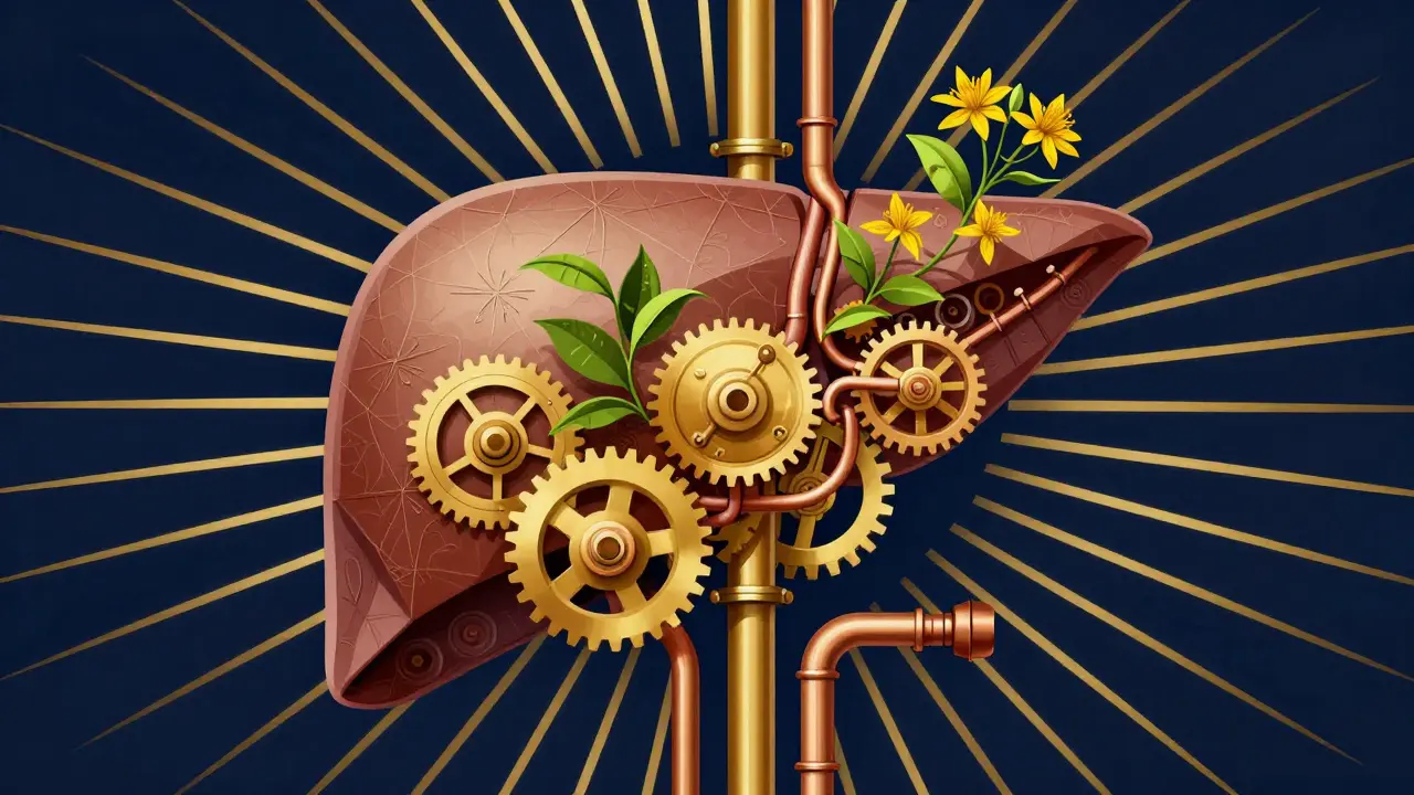 Illustrazione geometrica di enzimi del fegato e foglie di tè in stile Art Deco.