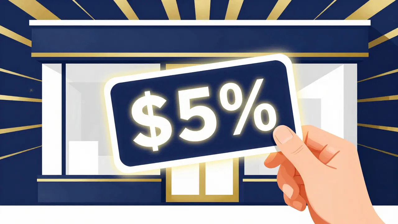 Mano che tiene un coupon di sconto davanti a una farmacia in stile pubblicitario Art Deco.