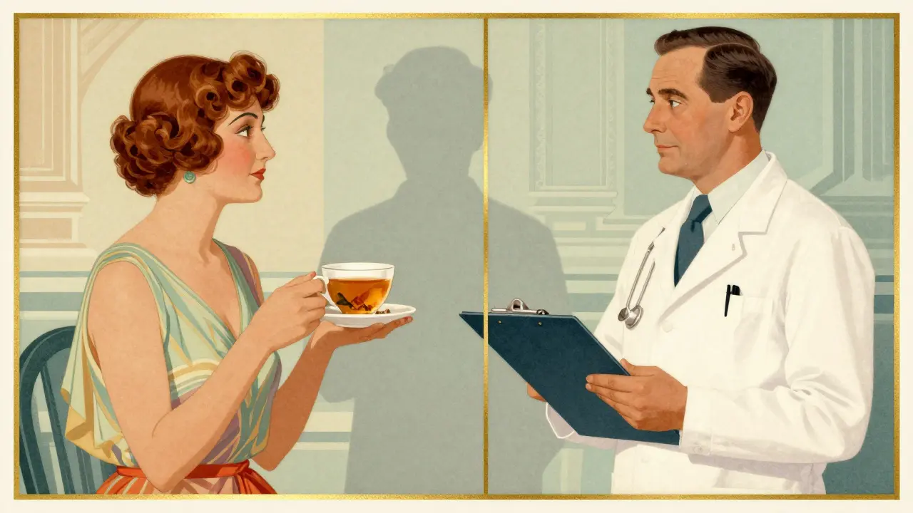 Paziente con tisana e medico che consultano una lista in stile Art Deco.
