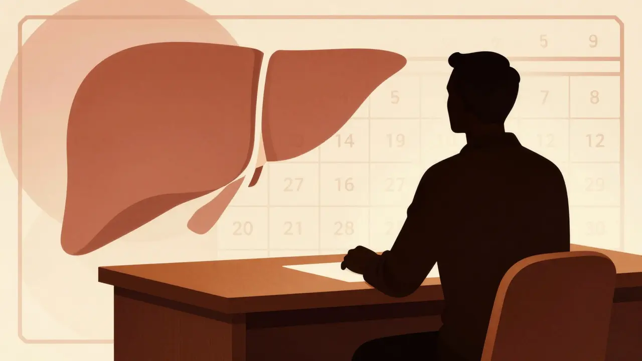 Persona seduta al tavolo medico con simboli astratti del fegato e bilancia della salute.
