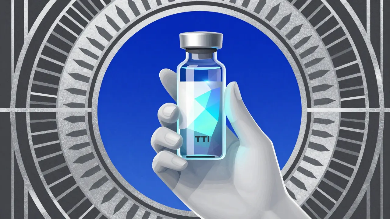 Rappresentazione Art Deco di un flacone di medicinali con sensore intelligente futuristico.