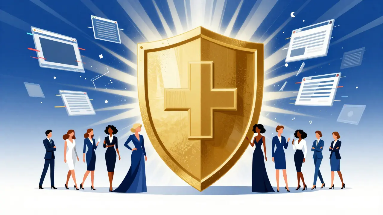 Scudo dorato che protegge persone da siti web illegali, illustrazione Art Deco.