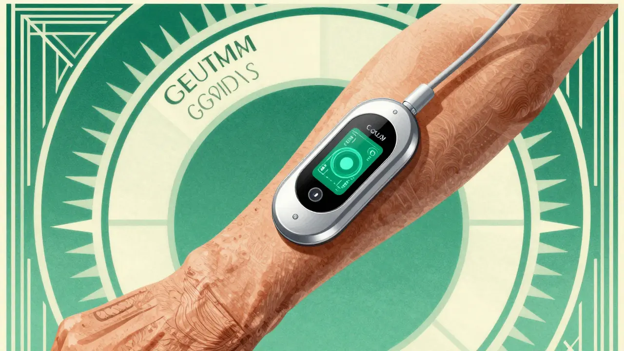 Sensore CGM applicato al braccio di un anziano in stile grafico Art Deco