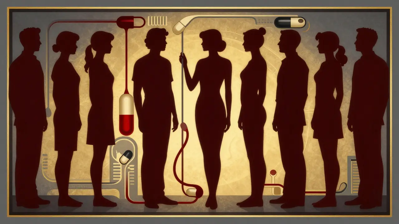 Silhouette geometriche di volontari in uno studio clinico in stile pubblicità Art Deco.