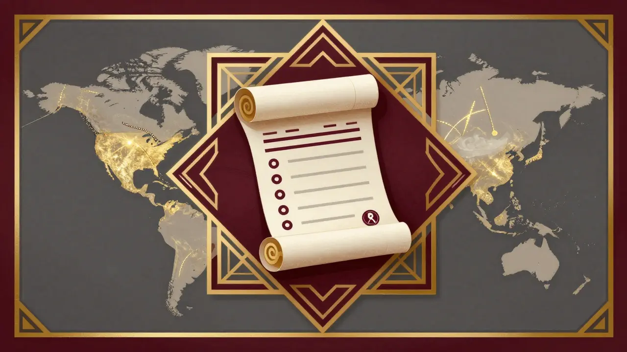 Simbolo di una prescrizione medica e un sigillo di sicurezza in stile Art Deco con mappa mondiale.