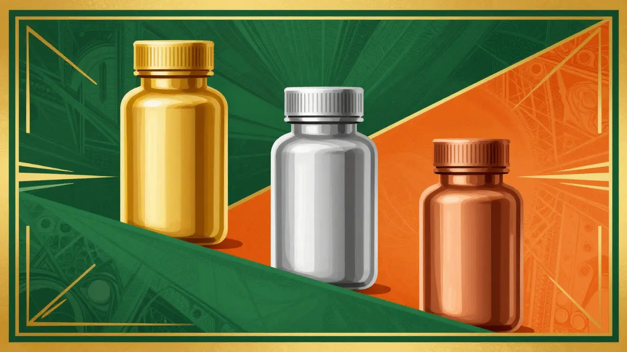 Tre flaconi di medicinali di colori diversi che rappresentano il calo dei prezzi