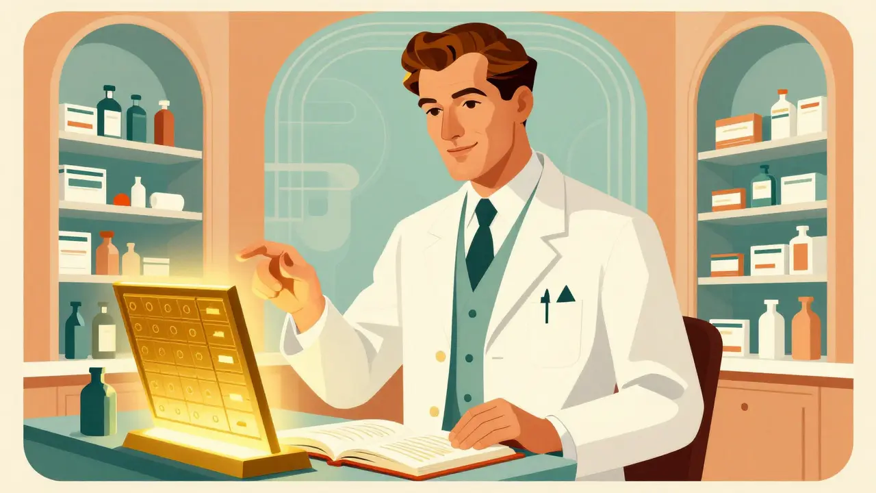 Un farmacista professionista che offre consulenza in un'ambientazione Art Deco.