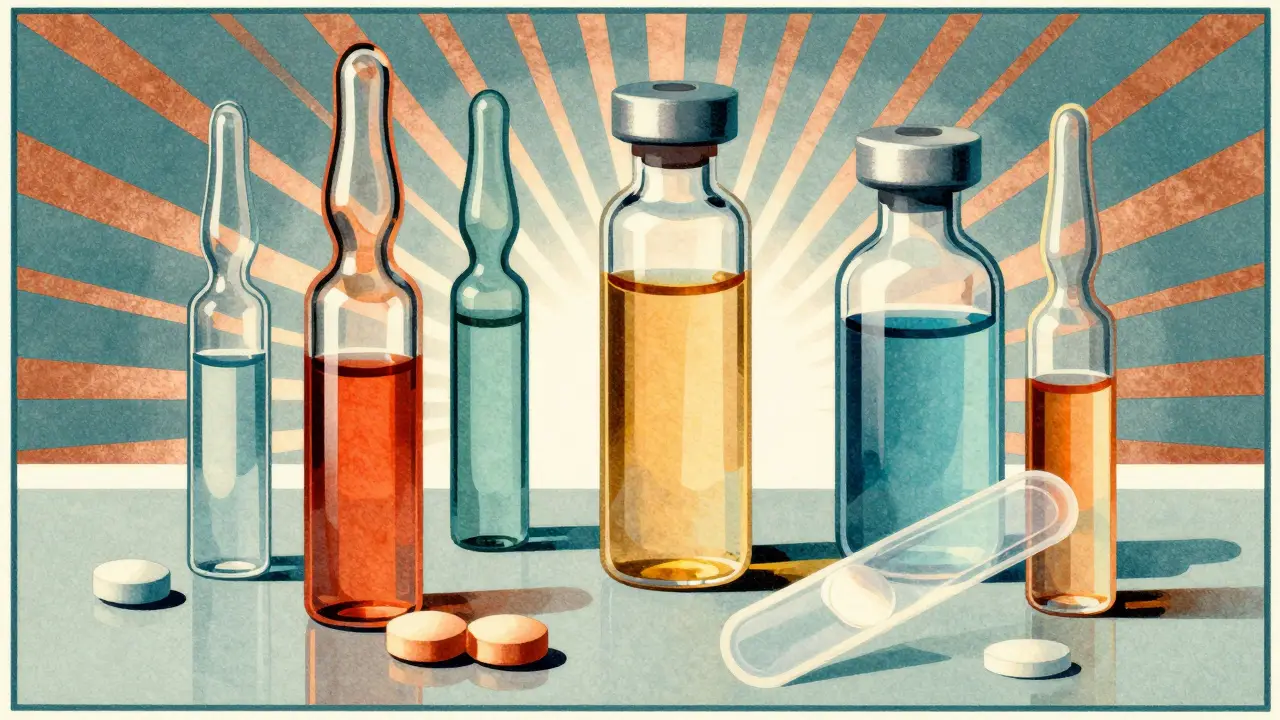 Vetrini e pillole medicinali disposte artisticamente con raggi geometrici luminosi.