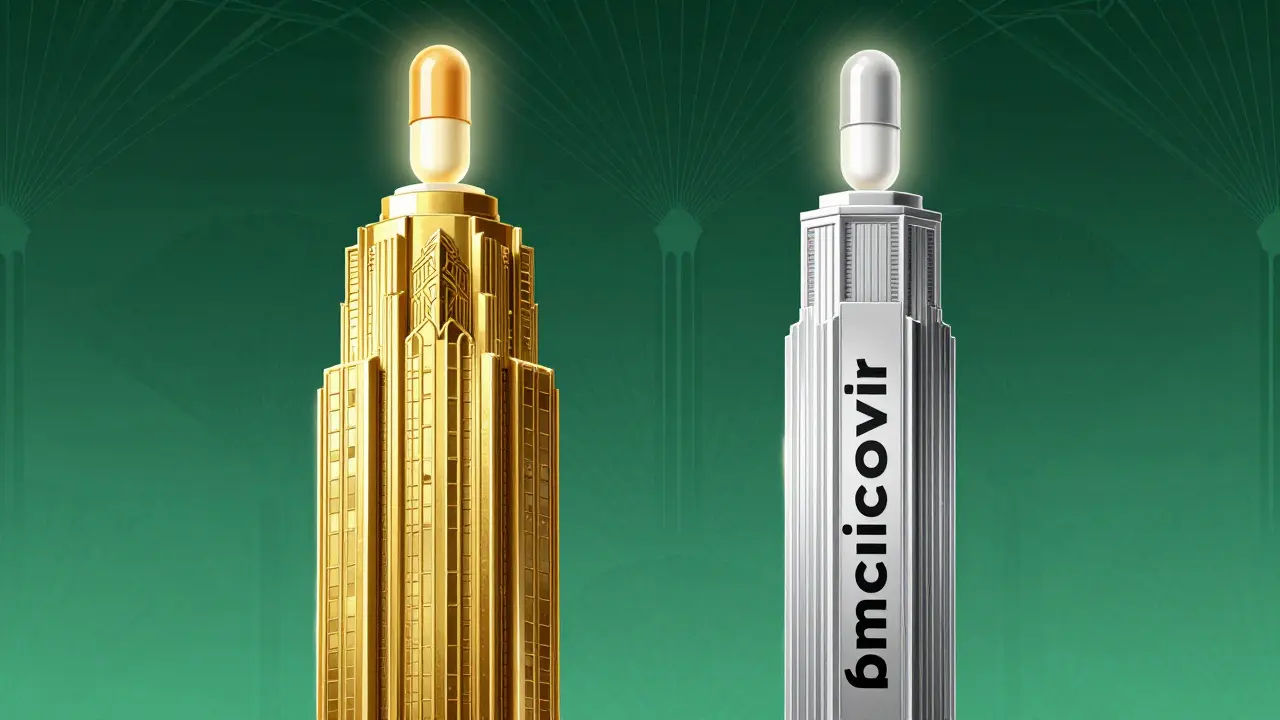 Confronto visivo tra farmaco originale e generico in stile Art Deco