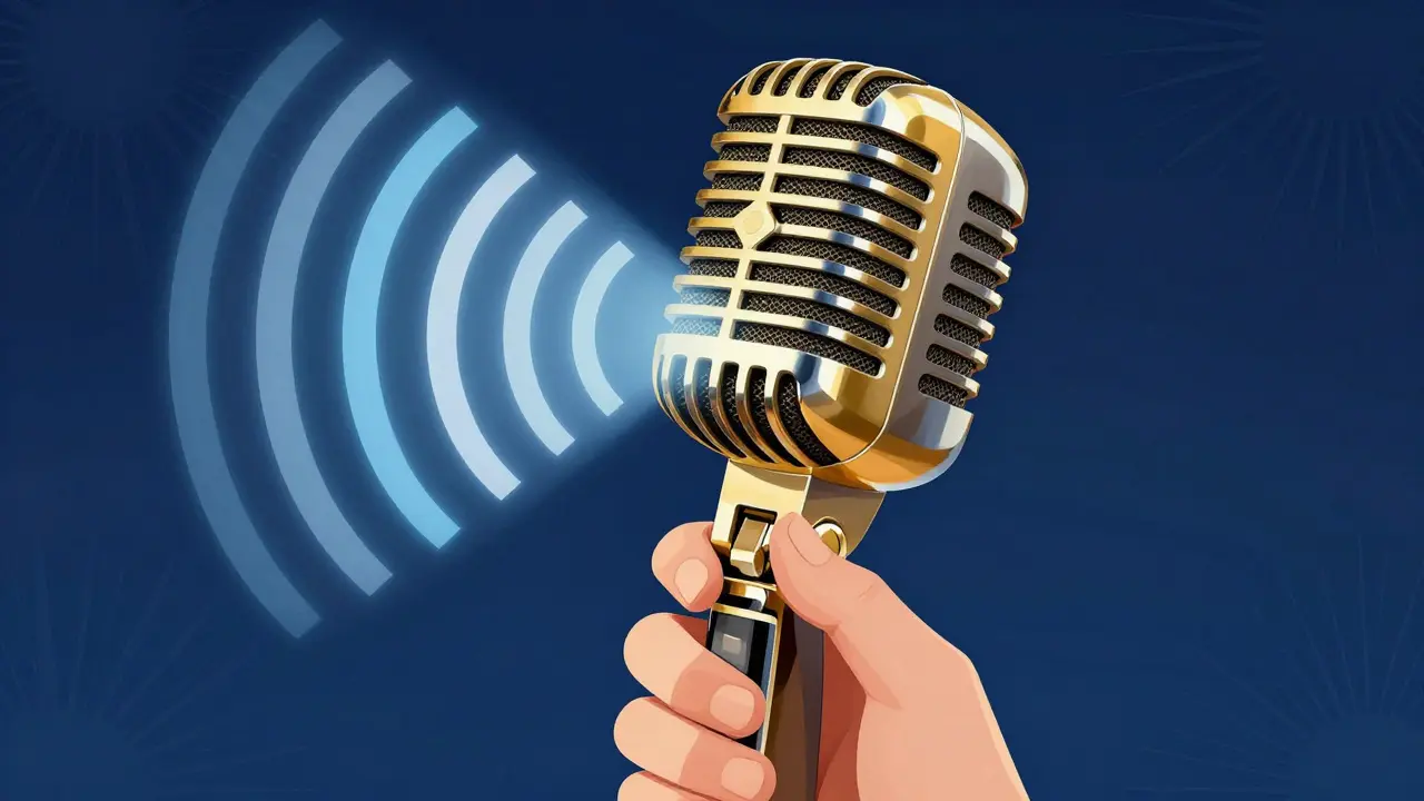 Disegno Art Deco di un microfono remoto con onde sonore dorate