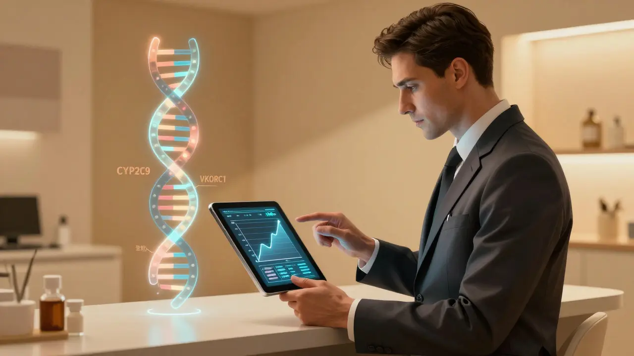 Dottore con DNA e dati INR in stile illustrativo Art Deco