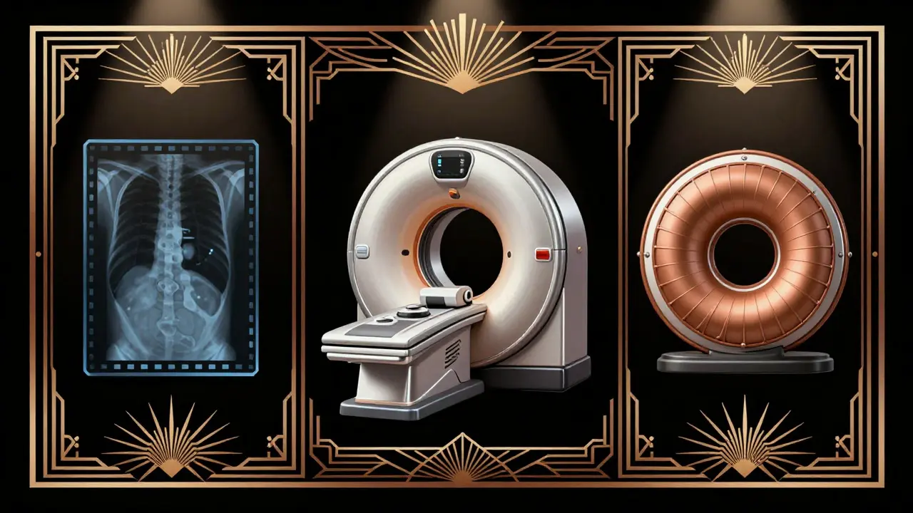 Icone stilizzate di risonanza magnetica, TC e radiografia in stile Art Deco