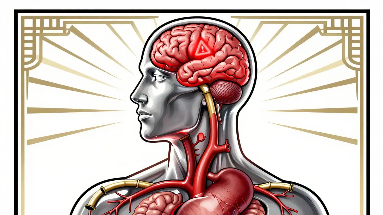 Illustrazione Art Déco del corpo umano che mostra rischi di sanguinamento interno