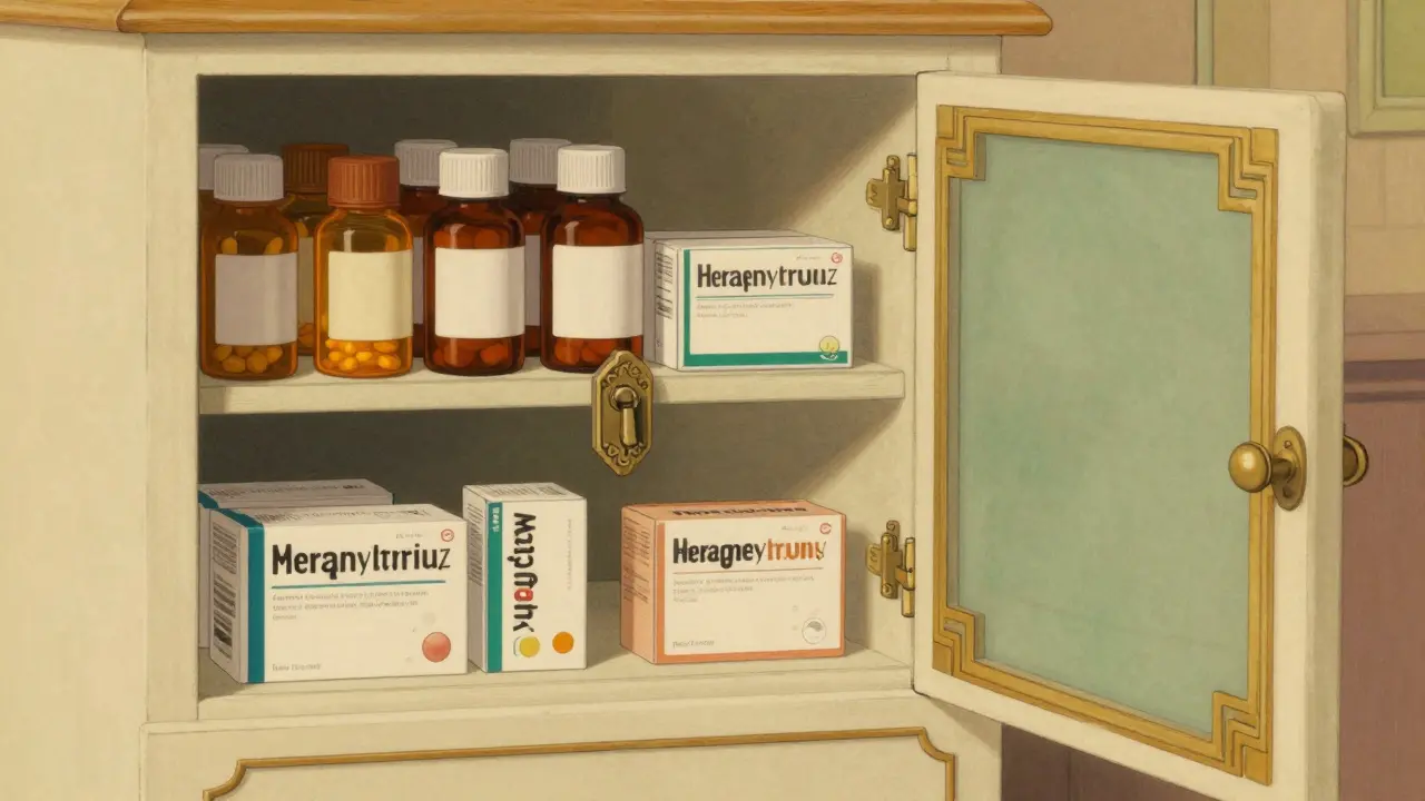 Illustrazione Art Deco: farmacia domestica organizzata e sicura per prevenire sovradosaggi accidentali.