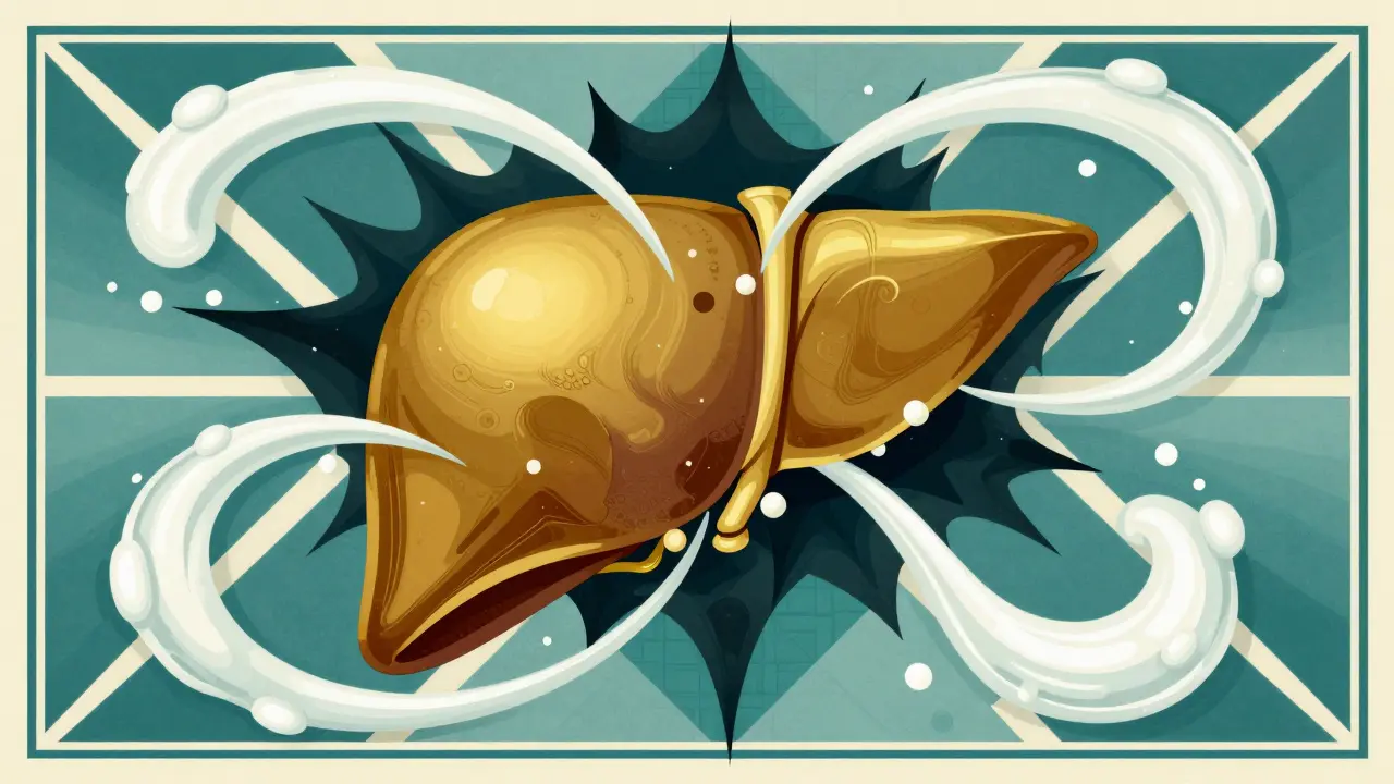 Illustrazione Art Deco: N-acetilcisteina che protegge il fegato dalla tossicità del paracetamolo.