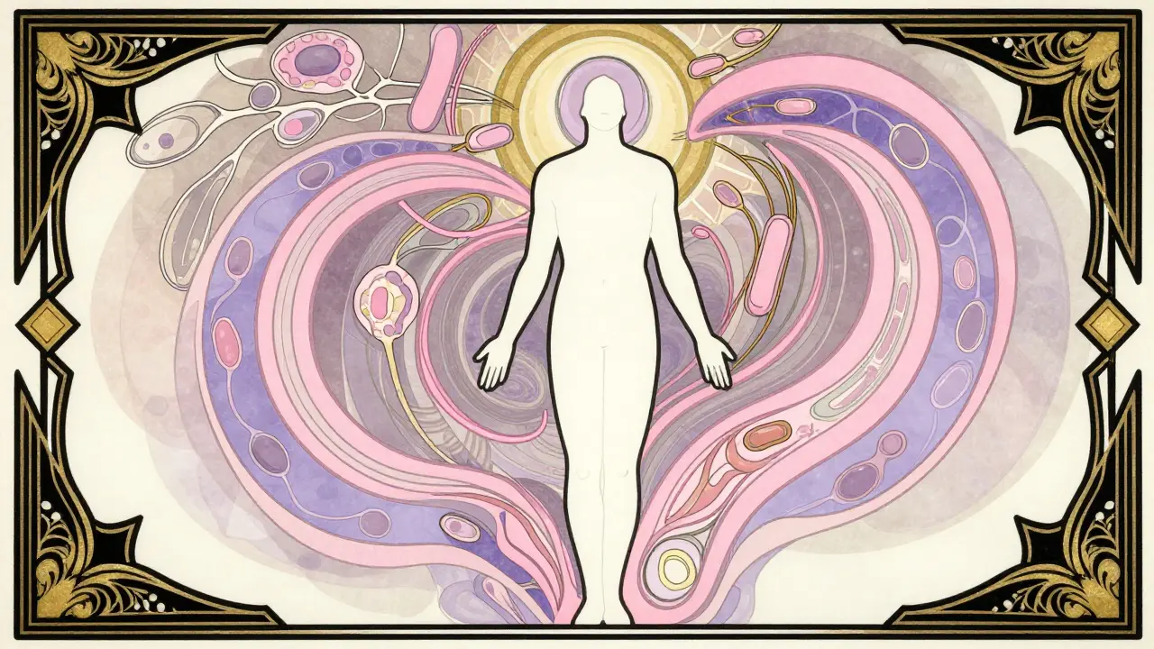 Illustrazione Art Deco con terapie innovative e cellule staminali