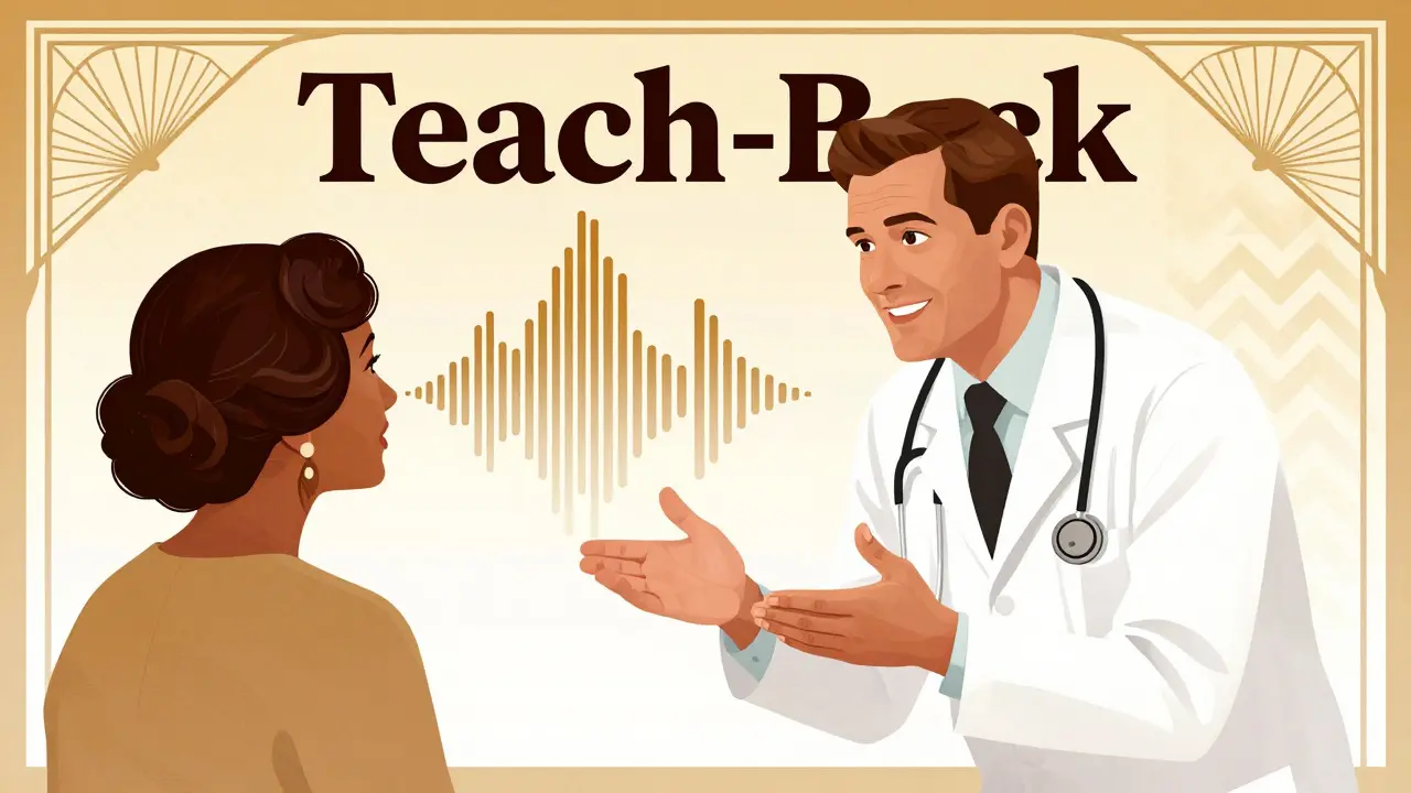 Illustrazione Art Déco: tecnica Teach-Back per verificare la comprensione del paziente