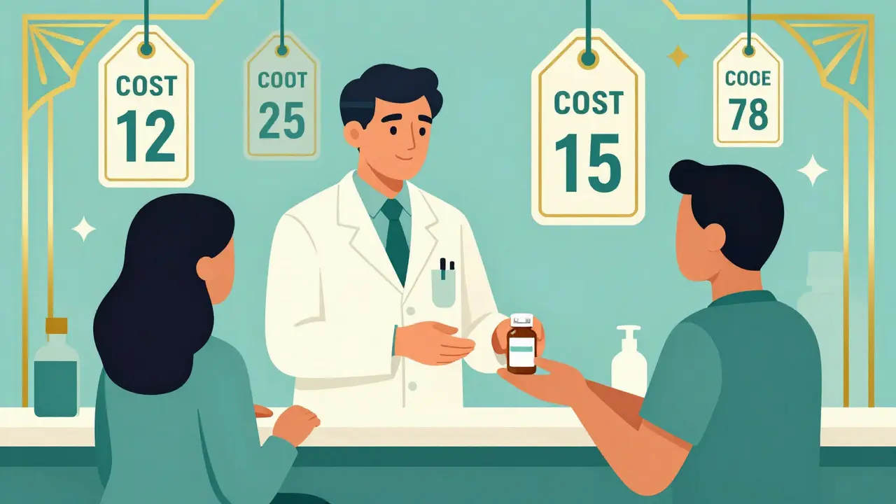 Stile Art Deco: farmacista che consegna medicine con simboli di risparmio sui costi