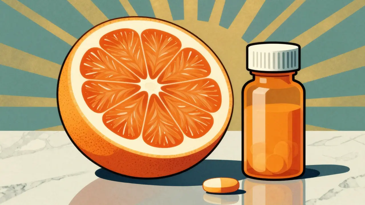 Avvertenza stilizzata Art Deco con pompelmo e farmaco per interazioni alimentari