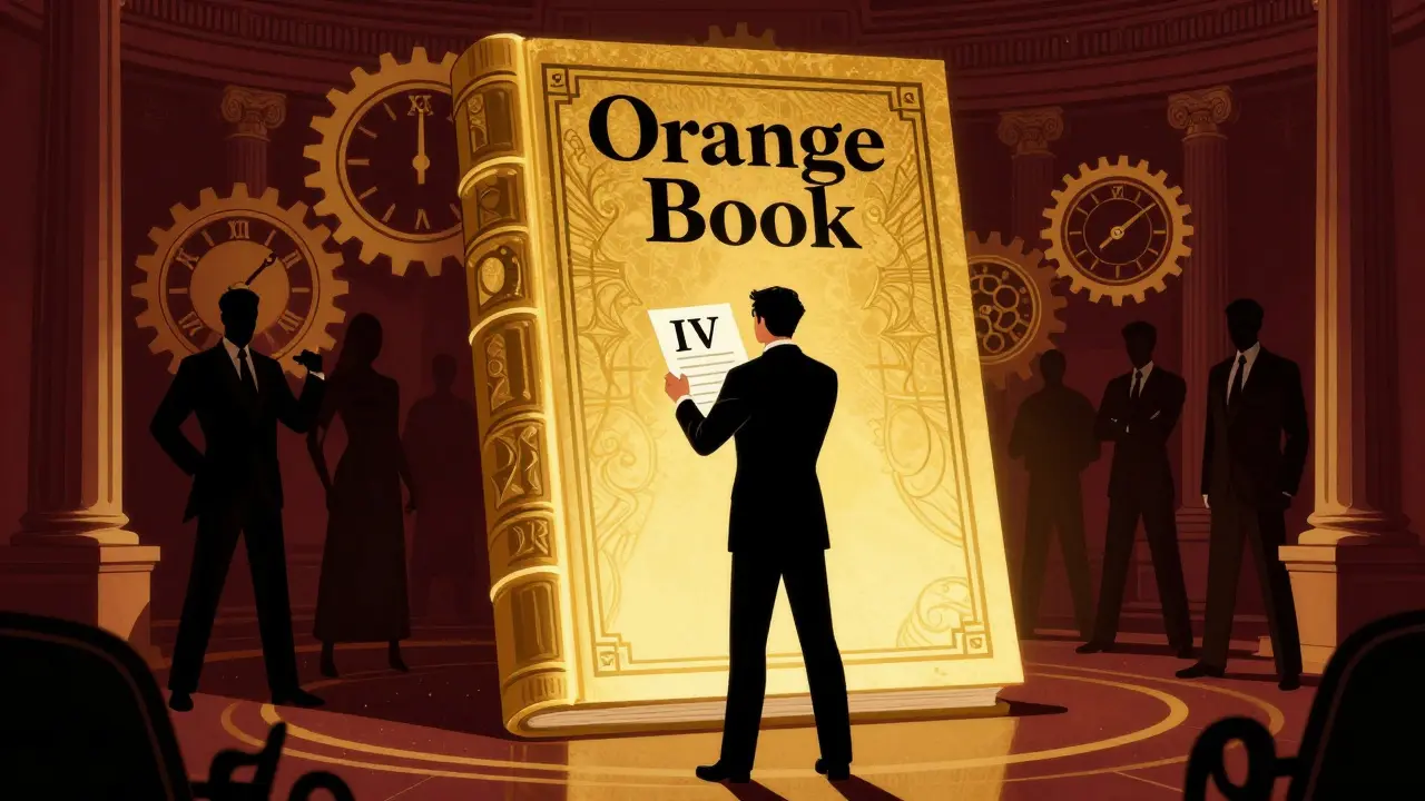 Illustrazione Art Deco che simboleggia la sfida legale ai brevetti farmaceutici tramite il Libro Arancione