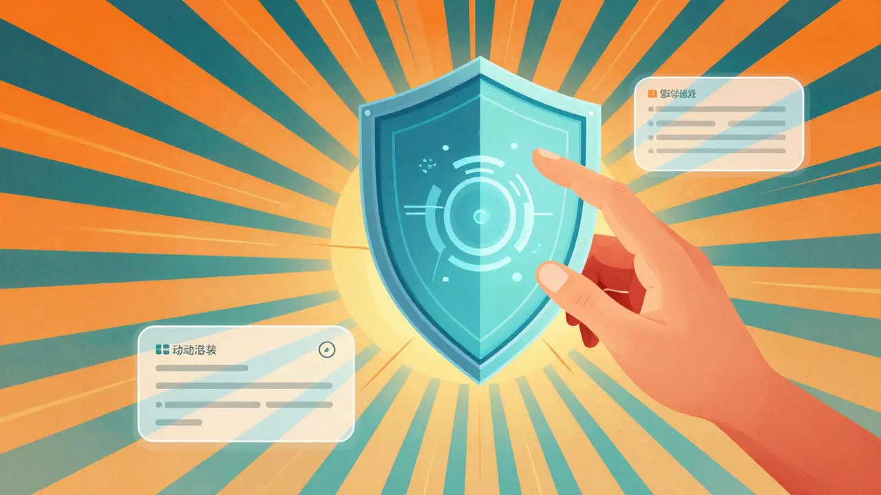 Illustrazione art deco di tecnologia AI e scudo protettivo per la sicurezza dei farmaci