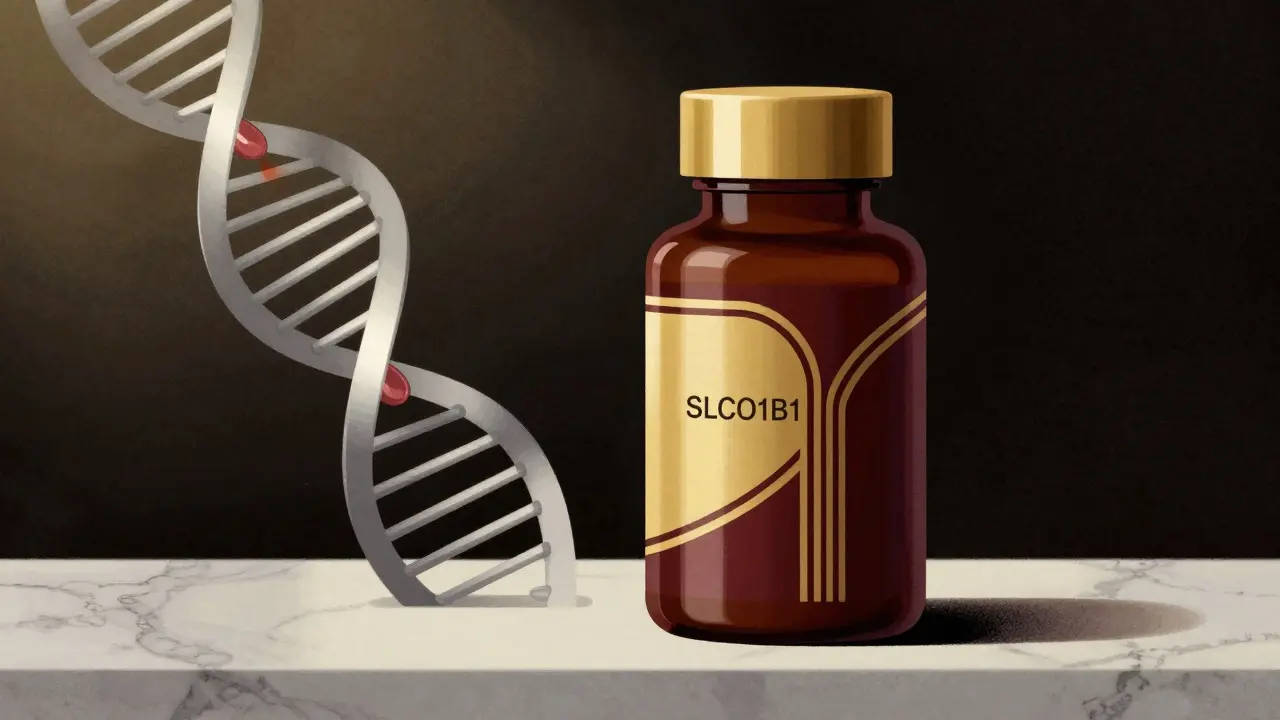 Illustrazione Art Deco: flacone di pillole ed elica del DNA stilizzata su sfondo scuro