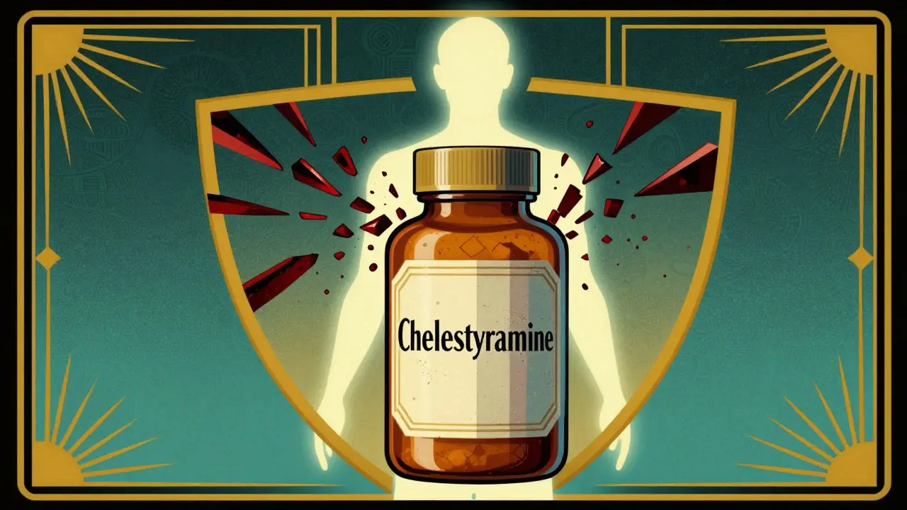 Illustrazione Art Deco stilizzata che mostra un farmaco che blocca i frammenti rossi degli acidi biliari.