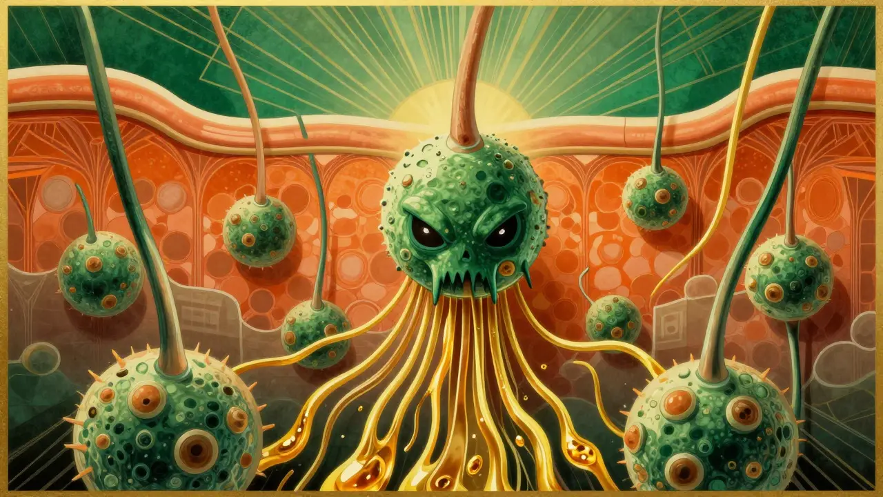 Illustrazione stilizzata del fungo Malassezia che si nutre di sebo