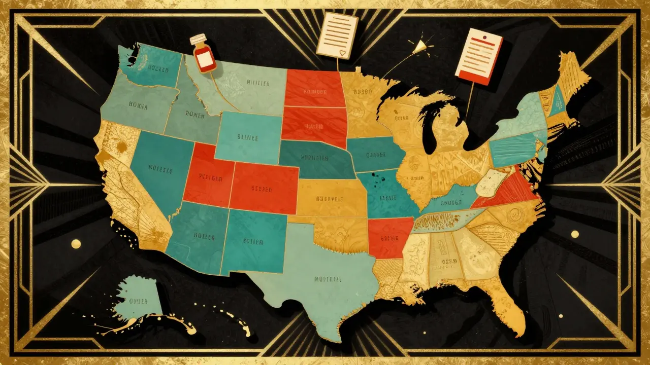 Mappa stilizzata degli USA in stile Art Déco che illustra le diverse normative statali sui farmaci
