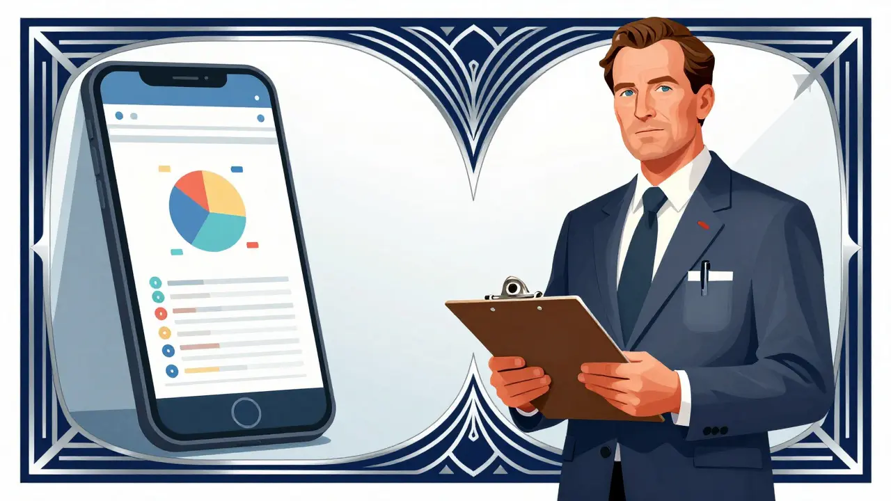 Medico e smartphone stilizzati in stile Art Deco che rappresentano verifica umana e digitale.