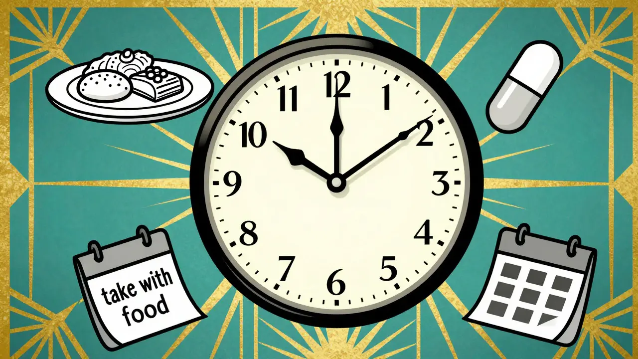 Orologio stilizzato con icone di cibo e pillole che mostrano errori di dosaggio