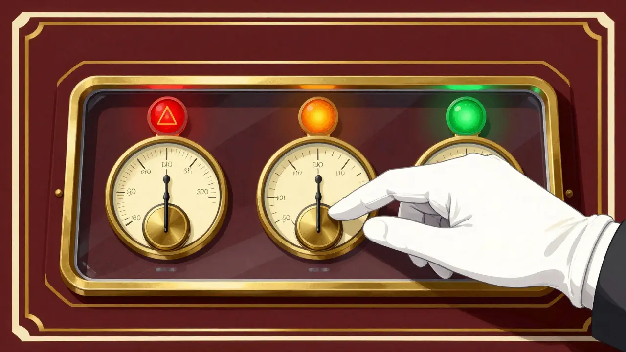 Pannello di controllo Art Deco con luci rosse, arancioni e verdi per verificare i farmaci.
